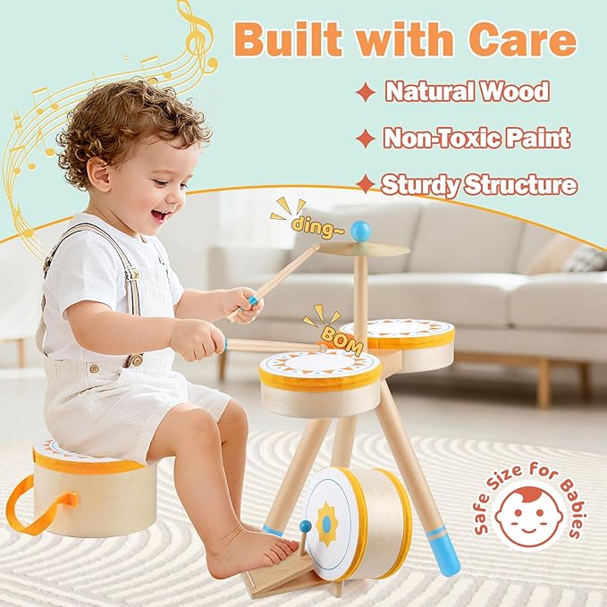 Kids Wooden Drum Kit, Montessori Musical Instruments for Toddlers, Baby Percussion Set Music Toys with Cymbal, Pedal Bass Drum & 2 Drumsticks, Educational Learning Birthday Gift for Boys Girls Ages 3+