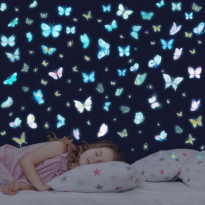 Glow in The Dark Wall Decals - Luminous Butterfly Stickers, Colorful Removable Self-Adhesive Decals for Girls Bedroom, Kids Baby Nursery, Living Room Decoration
