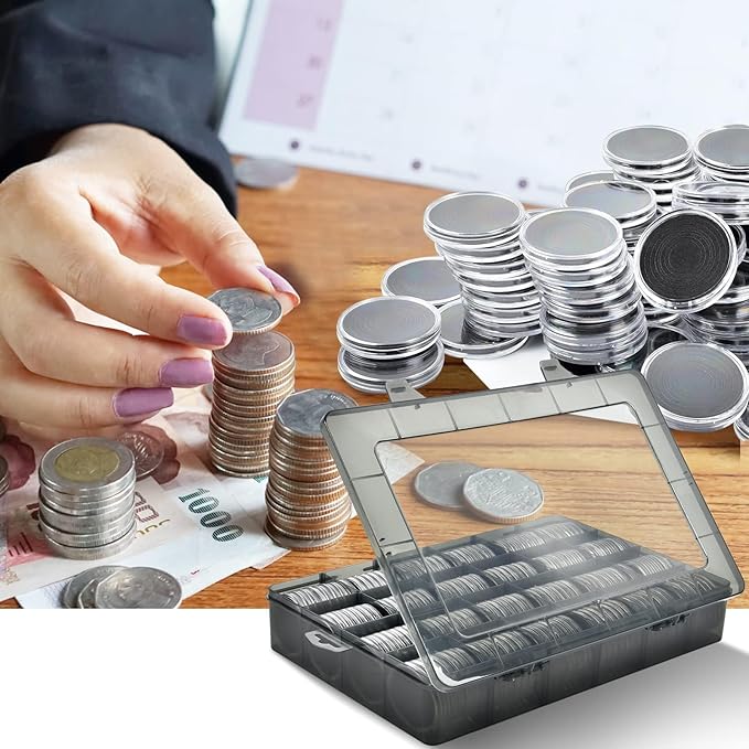 FULLCASE Coin Capsules 46mm with Foam Gasket and Plastic Storage Organizer Box, 6 Sizes (20/25/27/30/38/46 mm) Coins Collector Case Holder for Collection Supplies-168 Pieces (Grey)