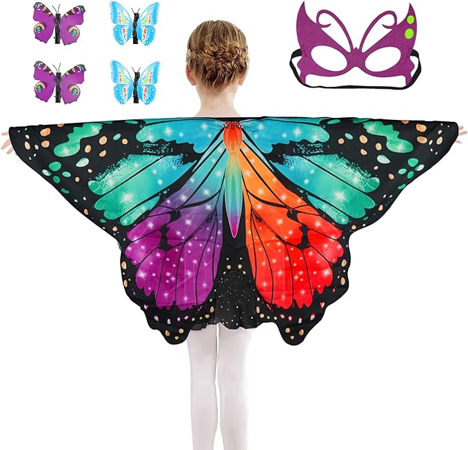 Butterfly Costume for Girls Fairy Wings Kids 4 Pcs(Cape,Skirts,Masks,Hair Clips) Butterfly Wings for Halloween Gifts