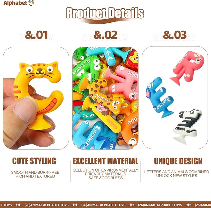 Suction Bath Toy for Toddler, 26PCS Animal Alphabet, Montessori Sensory Toy Gift for Kids Aged 3-12, Educational Spelling for Autism/ADD/ADHD,No Hole Bath Toy for Baby Toddlers