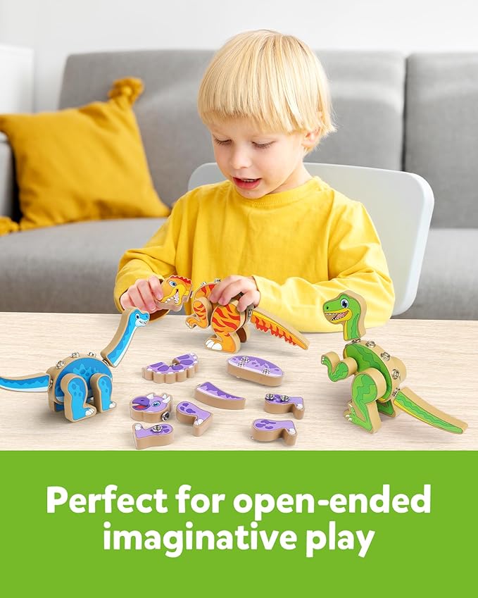 Coogam Build Your Own Dinosaurs Toy, Snap Together Building Dinosaurs Playset, Wooden STEM Take Apart Dinosaur Builder, Montessoi Fine Motor Building Toy Gift for 3 4 5 Years Old Kids