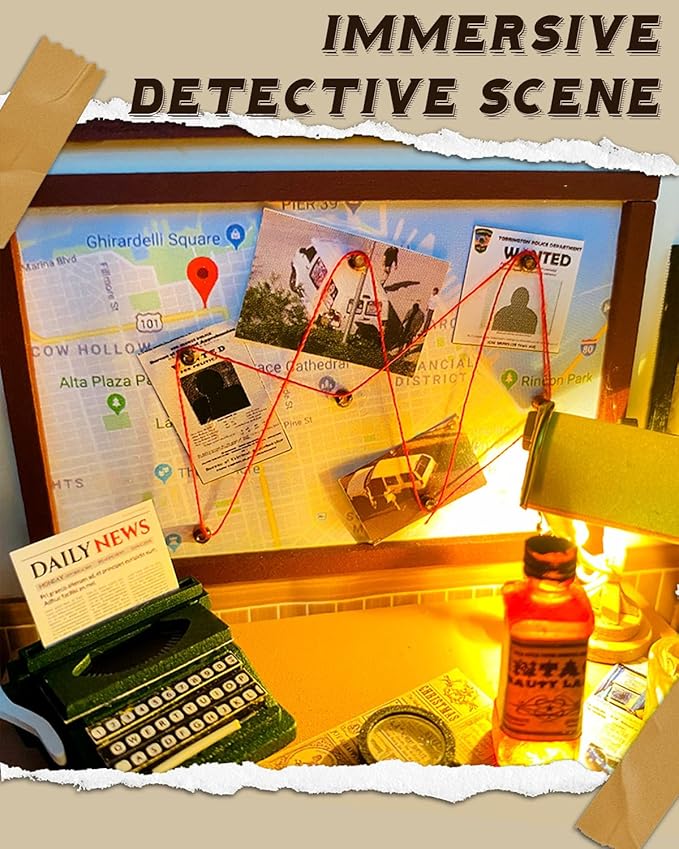 Miniature House Kit Detective Lodge, Tiny House with Furniture & LED Lights, Miniature Dollhouse Kit for Adults & Teens, Wooden Craft Gift & Hobby for Family Friends