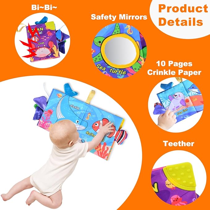 Crinkle Books for Babies,Touch and Feel Cloth Soft Books for Babies,Sensory for Baby Books 0-6 Months with Bi Bi Whistle,Mirror & Teething Toys,for Boy and Girl Gifts for Newborn Babies