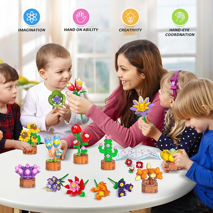 24 Pack Flowers Party Favors for Kids Building Set - 827PCS Succulents 3.6MM Mini Building Blocks Toy for Easter Basket Stuffers, Classroom Prizes, Mother's Day Birthday Gift for Girl Boy Ages 6+