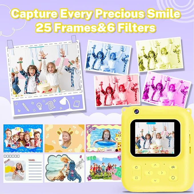 Instant Print Camera for Kids, 1080P Video Camera with 3 Print Rolls, 32GB Card & Cute Cover, Gift for Girls Boys Age 3-12, Toddler Digital Camera with Games, Filters, Music – Yellow