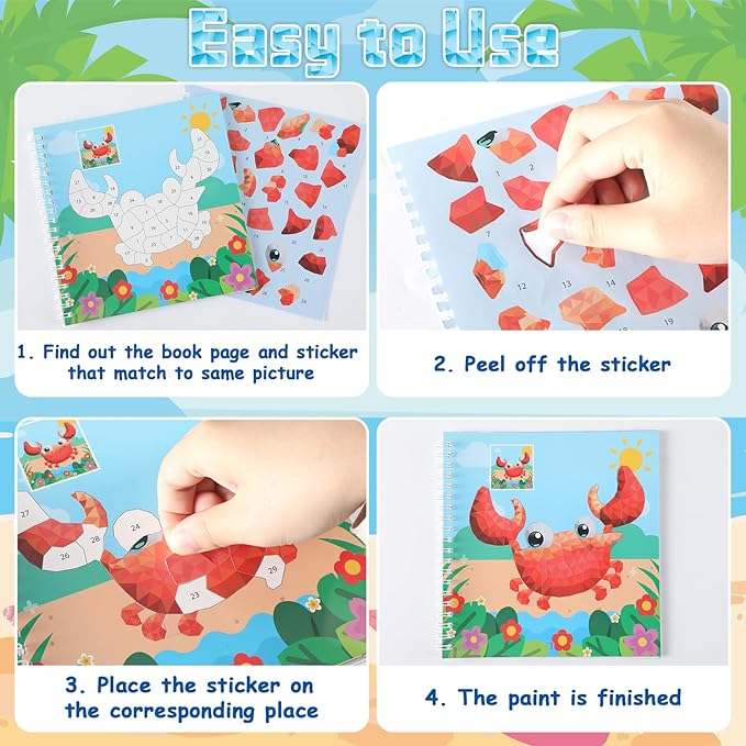 6Pcs Summer Paint by Sticker Books Hello Summer Sticker by Number Books Activity Book Puzzle Book Craft Art Gift with Crab Flamingo Turtle Toucan 48 Pictures Party Favors