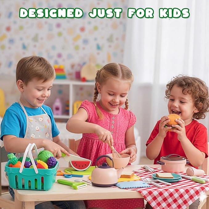 LovesTown 18PCS Kids Kitchen Playset, Kids Cutting Board and Knife Set Toddler Cooking and Baking Toys with Peeler Cutters Homeschool Esstentials