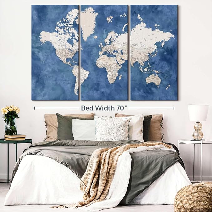 ElephantStock Detailed World Map With Cities I Wall Art - Horizontal Canvas - 3-Piece Living Room Decor - Watercolor Map Canvas Print - Beige and Blue Wall Decor by Blursbyai - 74" X 48"