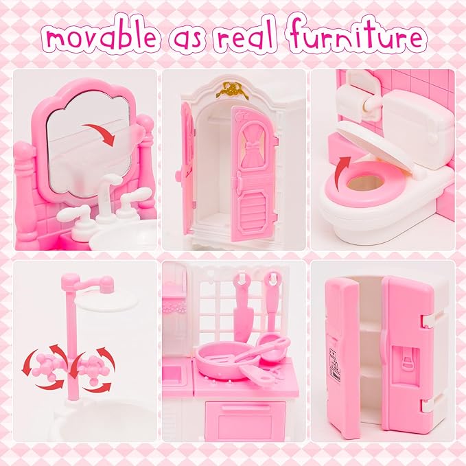 45 Pcs Dollhouse Furniture Set Accessories Doll House Mini Furniture Pretend Play Bedroom Living Room Bathroom Kitchen for Kids Birthday and Christmas Pink