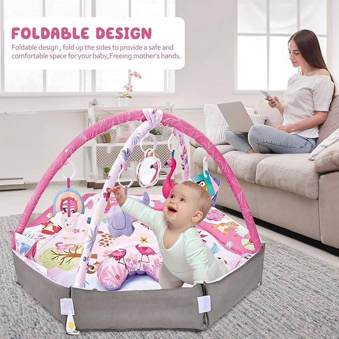 7-in-1 Large Activity Mat for Babies 0-6 Months Tummy Time Mat Play Mat, 5 Tummy TimeToys, 18 Ocean Toys, and 1 Tummy Time Pillow, Baby Activity Mat Easy to Install & Clean, Baby Gift