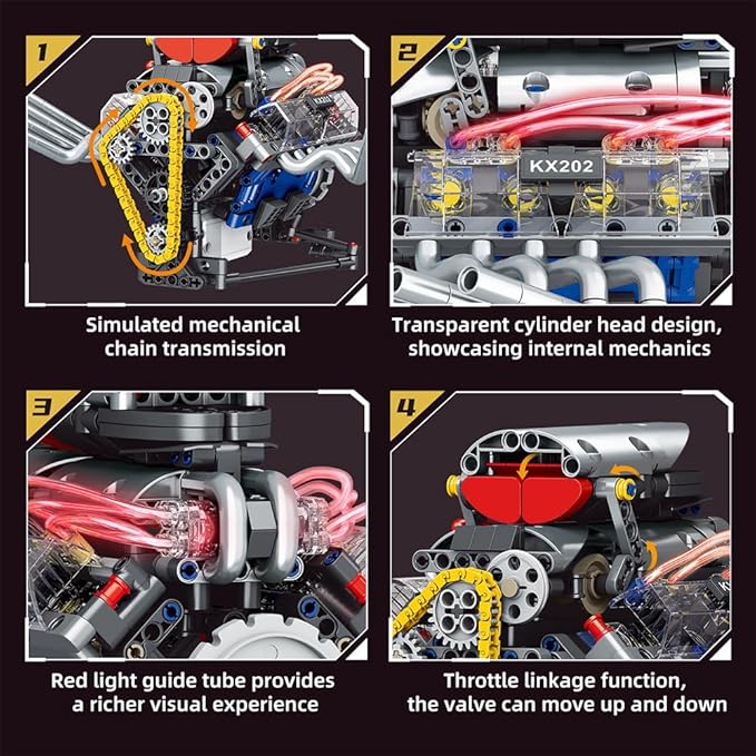 39005 V8 Engine Model Kit, Runnable, Build Your own STEM Visible Mini V8 Engine Model Kit with Lights, Adult and Adolescent Physics Science Experiment Building Block Set (665 Pcs)