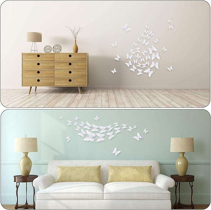 BBTO 48 Pieces Butterfly Wall Decor DIY Mirror 3D Butterfly Stickers Removable Decals for Home Bedroom School Bathroom Living Room Decor(White)
