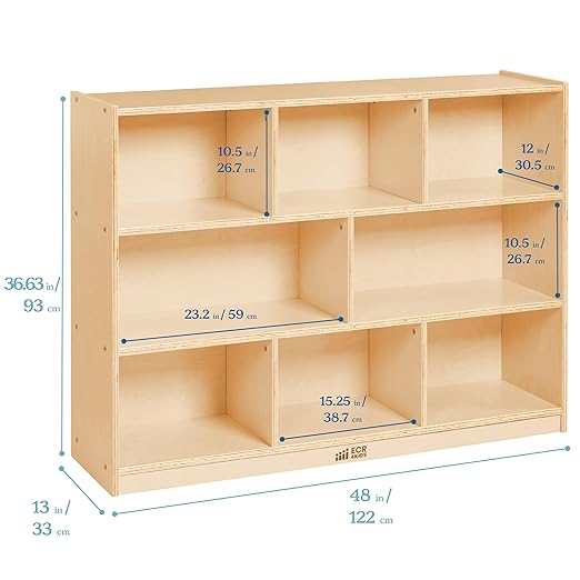 ECR4Kids 8-Compartment Mobile Storage Cabinet, 36in, Classroom Furniture, Natural