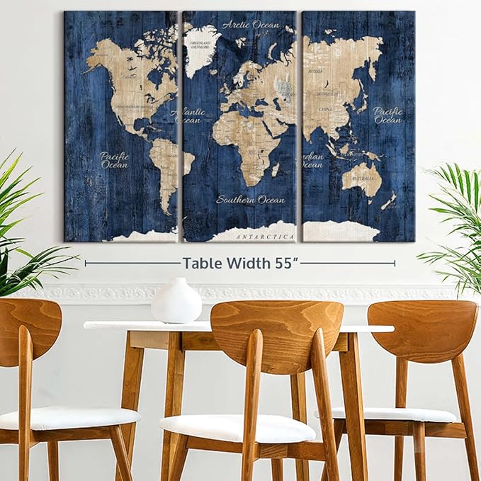 ElephantStock Aged Blue World Map II Canvas - 3 Panel Wall Decor - World Map Digital Art - Blue Wall Art - 57" X 36"