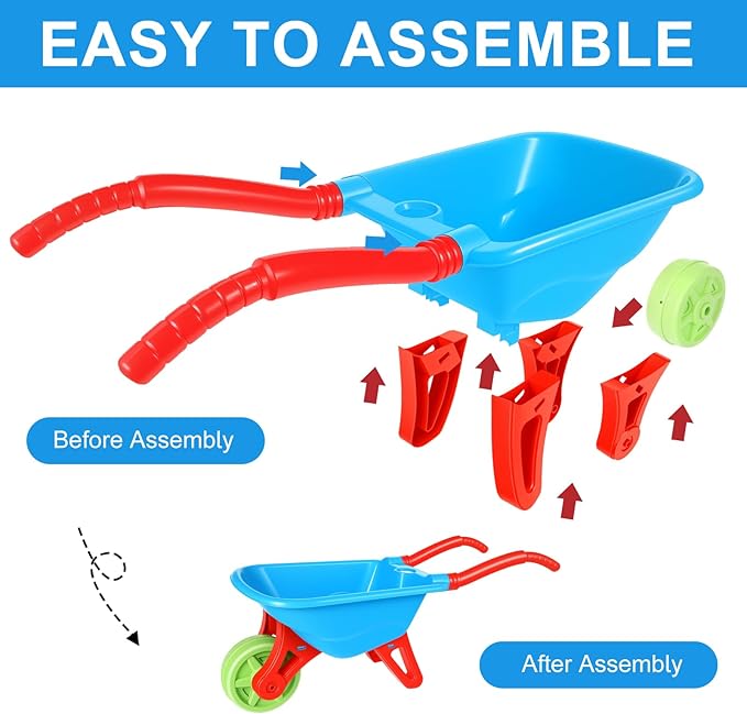 3 PCS Kids Wheelbarrow with 3 PCS Kids Toddlers Shovels for Gardening Digging, Small Plastic Wheelbarrow for Toddlers, Garden Cart on Wheels for Girls Boys Outdoor Digging Play Over Aged 3 Years Old