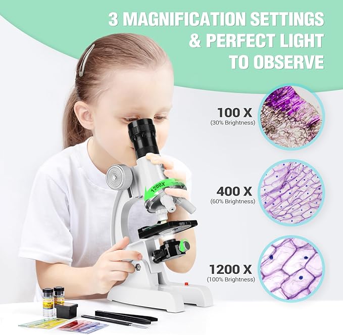 Kids Beginner Microscope Science Kit with 100X-1200X, 13 Prepared Slides & DIY Blank Slides, 18MM HD Len, LED Light Adjustable and ABS Box, Microscope for Kids 5-7 8-12