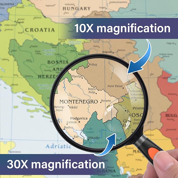 Feosky Handheld Reading Magnifier, 10X 30X Magnifier, 75mm Shatterproof Lens, Non-Slip Handle for Adults Close Work, Seniors Reading and Kids Nature Exploration, Hobby Observation(Orange/Black)