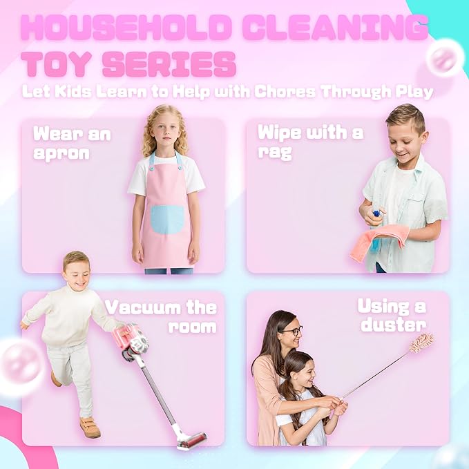 SMILESSKIDDO Kids Vacuum That Really Works - 3-in-1 Toy Vacuum with Real Suction, Apron, Cleaning Cloth, Duster & Colorful Beads, Toddler Cleaning Toy Set, Housekeeping Toy Gifts for Girls & Boys