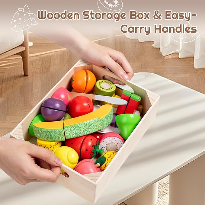35PCS Wooden Play Food for Toddlers, Pretend Food Toys Play Kitchen Accessories with Storage Basket, Learning Cards, Cutting Food Fruits Toys Montessori Toys Gift for Kids Girls Boys Age 3 4 5 6