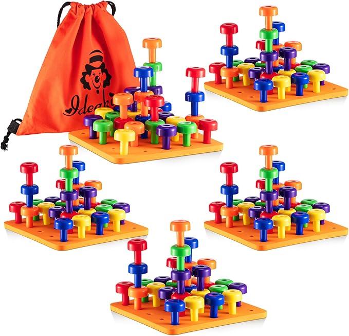 Shappy Toddler Peg Board Kids Montessori Colorful Stackable Toys 120 Pcs Pegs with 4 Foam Board 4 Sets Learning Educational Toy for Preschool Color Recognition Counting Skill with Lacing String Bag