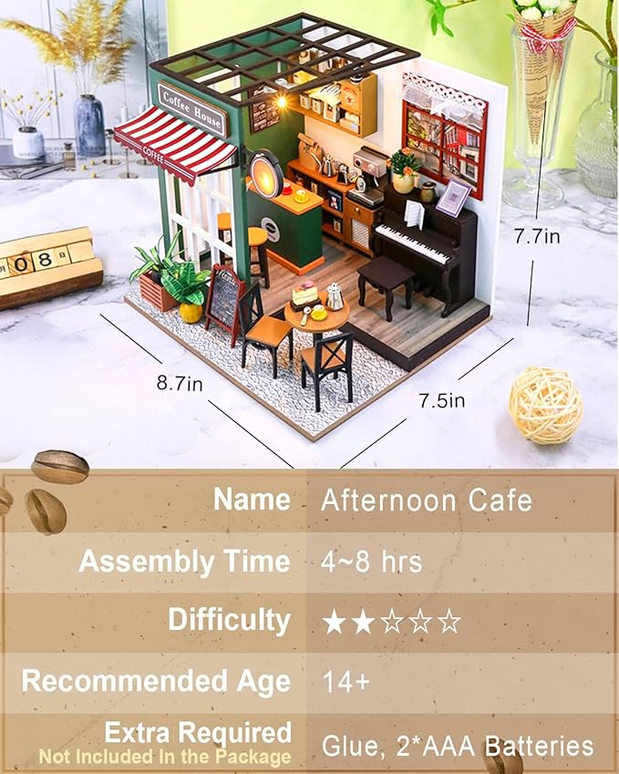 Miniature House Kit for Beginners, DIY Mini Coffee Shop with LED Lights, Miniature Dollhouse Kit for Adults & Teens, Creative Birthday Gift & Hobby for Family Friends (Afternoon Cafe)