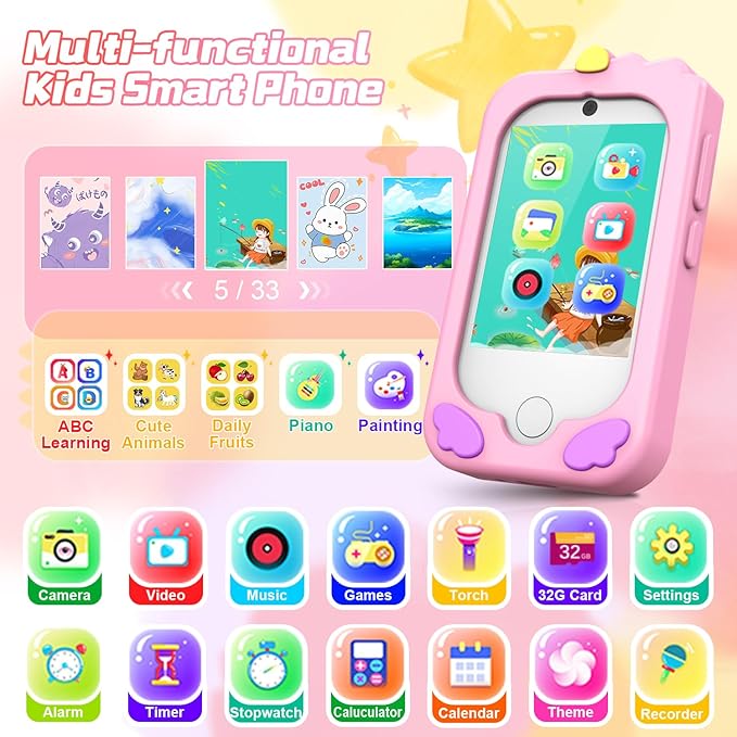 Kids Smart Phone, Phone for Kids Ages 3-12 | 2.8" Touchscreen, Dual Camera & Video Recording | Educational Learning Toy with Games & Music | Christmas Birthday Gift for Boys and Girls(Pink)