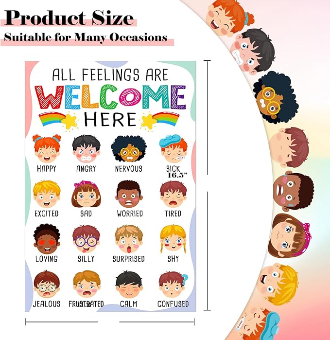 FLYAB Feelings Chart for Kids - Classroom Decorations Elementary Emotions Learning Mental Health Poster for Toddlers Educational Calming Corner Teacher Must Haves for Back to School Supplies