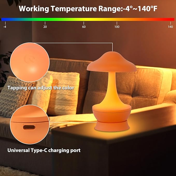 Mushroom Lamp Cordless Table Lamp - Room Decor Aesthetic Night Light for Night Stands and Desk Lamps - Fun and Energy- Night Light with USB Charging Port - Soft Indoor Lighting for Kids (Orange)