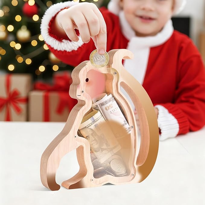 Wooden Monkey Piggy Banks for Kids, Adorable Monkey Piggy Bank with Acrylic Panels, Unbreakable Toddler Money Box for Girls Adults Boys, Cute Saving Coin Jar for Birthday Décor