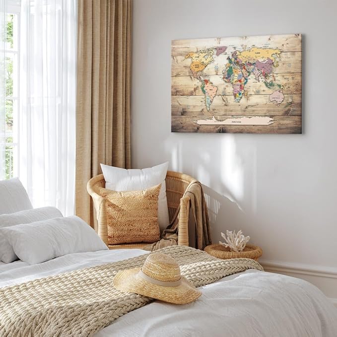 artgeist Canvas Wall Art Print World Map 35x24 in - 1pcs Home Decor Framed Stretched Picture Photo Painting Artwork Image World Travel Map Wood k-B-0009-b-b