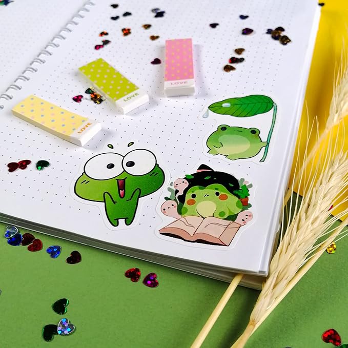 BulbaCraft Kawaii Frogs Stickers Set, 50 Pcs Green & White Vinyl Decals for Kids, Waterproof, Scratch Resistant, Indoor Usage, Single Use, Water Bottle, Laptop, Scrapbook, Journal, Frog Theme