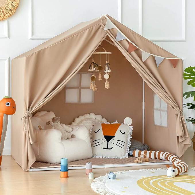 Kids Play Tent with Mat, Large Playhouse Tent Indoor, Kids Castle Tent for Girls Boys, Play Cottage (Khaki)