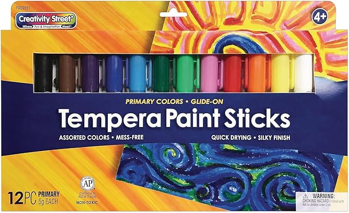 Creativity Street Glide-On Tempera Paint Sticks, 12 Assorted Primary Colors, 5 grams, 12 Count