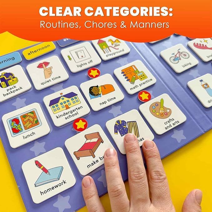 QUOKKA Magnetic Chore Chart for Kids with 72 Routine Magnets & Star Rewards - Foldable Visual Daily Responsibility Schedule and Behavior Chart for Kids - Help Kids Build Good Habits and Independence