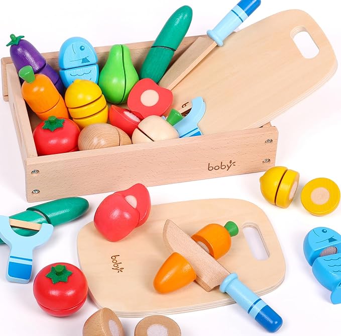 Dailyfunn Wooden Pretend Play Foods Set for Kids Kitchen Montessori Cutting Playset Toys with Storage Box