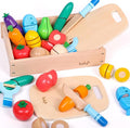 Dailyfunn Wooden Pretend Play Foods Set for Kids Kitchen Montessori Cutting Playset Toys with Storage Box