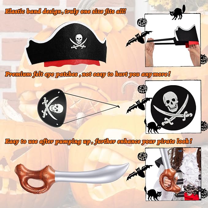 Legigo 48 Pcs Funny Pirate Party Set- Include 16 Pirate Hats, 16 Eye Patches, 16 Inflatable Swords for Pirate Party Cosplay Caribbean Dress Accessories