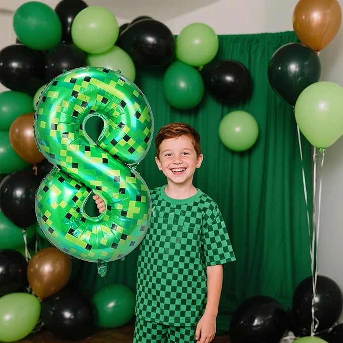 40in Pixel Giant Number 8 Balloon Birthday Decorations, Miner Theme Green Foil Balloons Blast Gaming Party Supplies