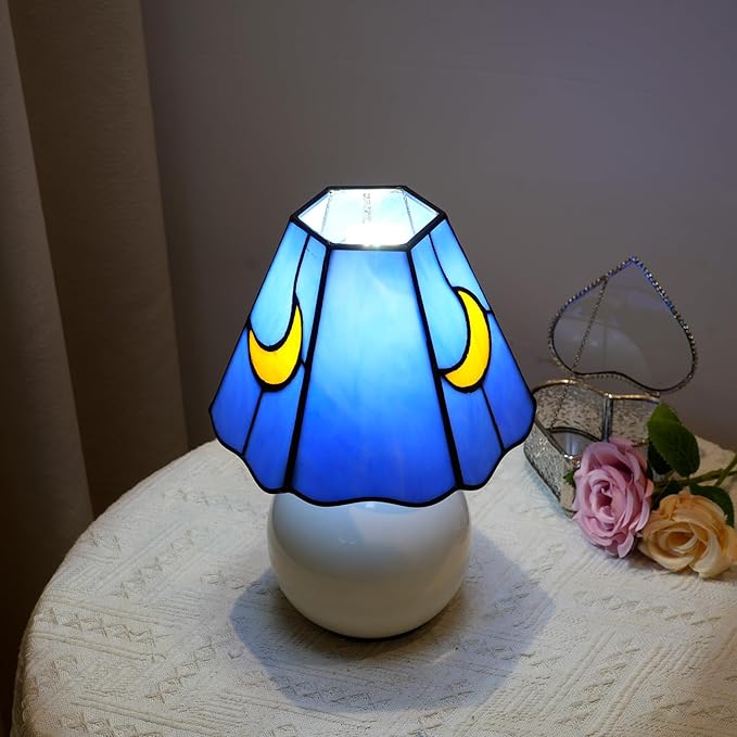 Mushroom Lamp Tiffany Stained Glass Moon lamp Cute Small Bedside Table Lamps for Living Room Home Decor,Girls Women Birthday Christmas Thanksgiving Day Gift,Blue