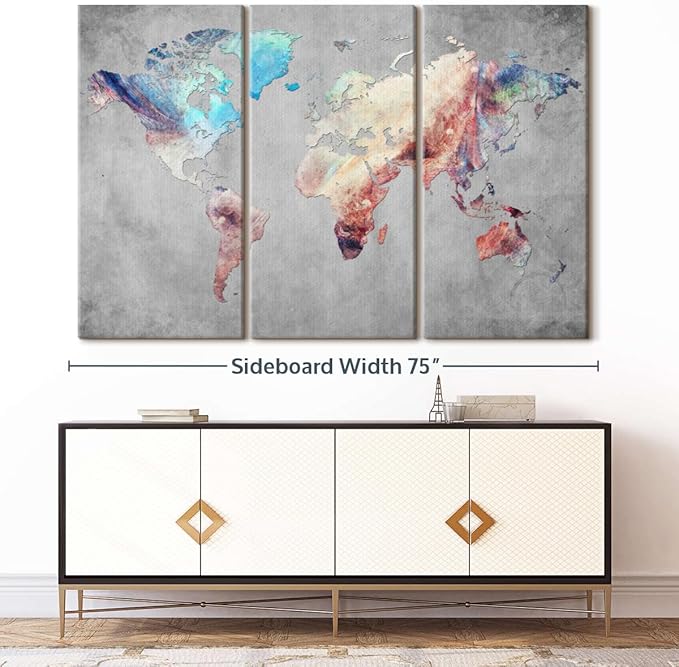 ElephantStock Artistic Touch World Map Multi Piece Canvas - 3 Panel Wall Decor - Map of the World Art - Canvas for the Office and Home - 74" X 48"