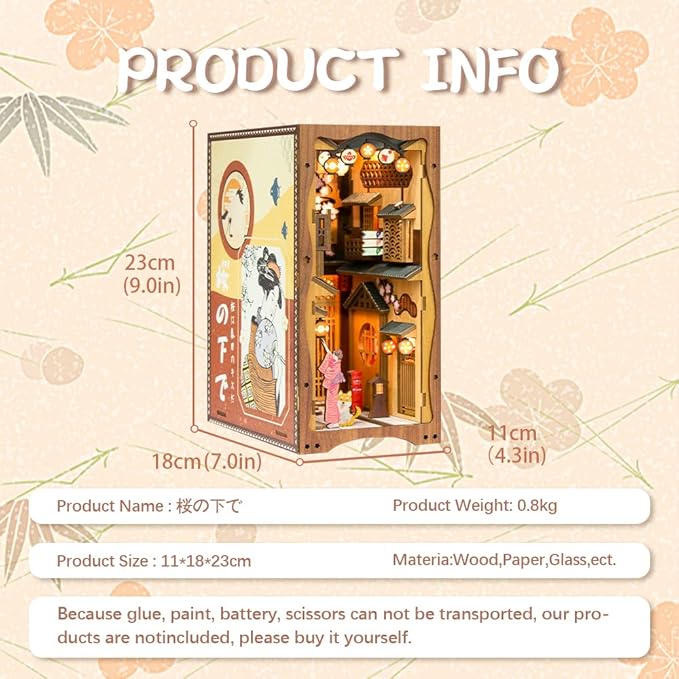 Fsolis Book Nook Kit, 3D Wood Puzzles for Adults, 214pcs, DIY Miniature House Kit Booknooks Japanese Decorative Bookends for Bookshelf (Under The Sakura Tree)