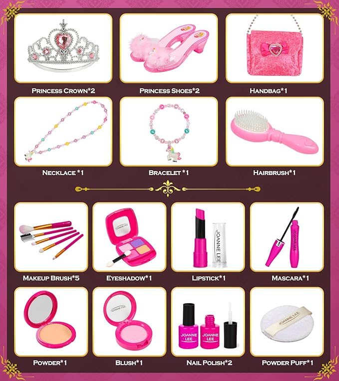 Kids Makeup Kit - Princess Dress Up Shoes, Crowns & Handbag - Pretend Play Fake Makeup Set for Girls, Ages 3-6