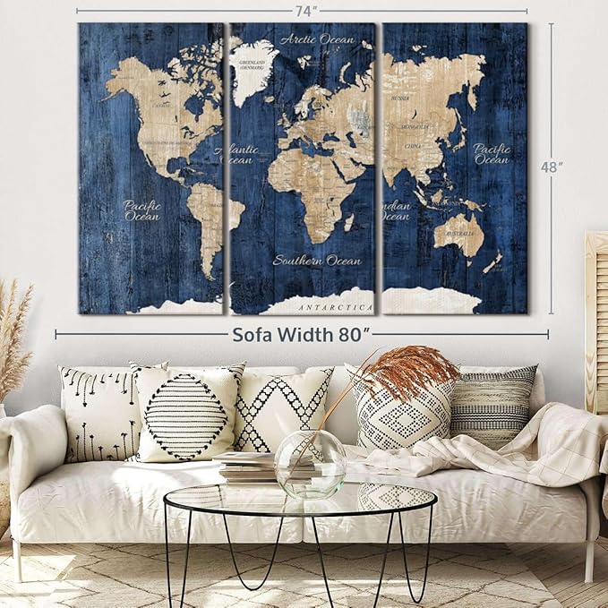 ElephantStock Aged Blue World Map II Canvas - 3 Panel Wall Decor - World Map Digital Art - Blue Wall Art - 74" X 48"