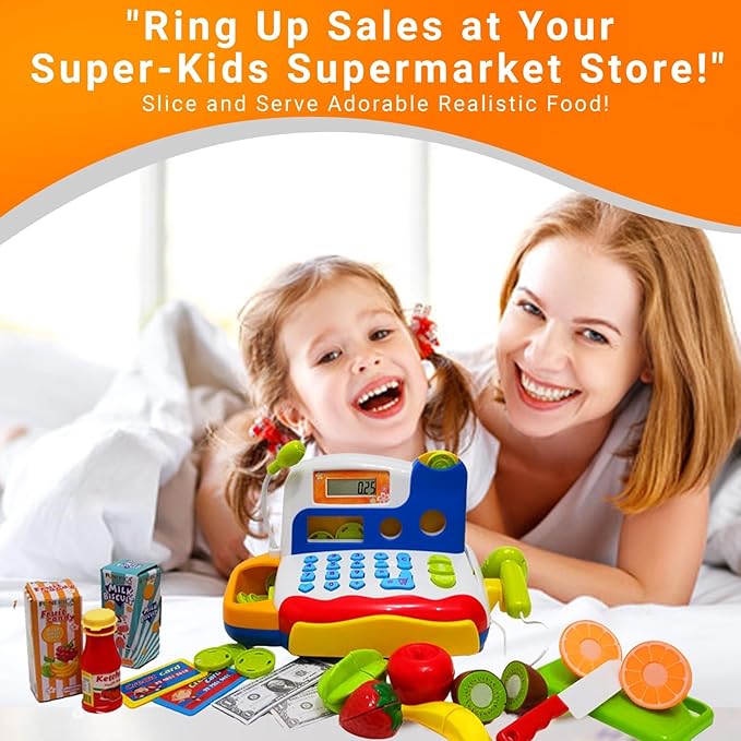 FUNERICA Toy Cash Register - with Large Interactive Coins Great for Toddlers - Scanner, Microphone, Calculator. Includes Grocery Food, Cuttable Fruit, Pretend Play Money - for Toddlers and Kids