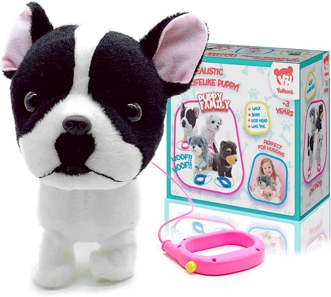 YH YUHUNG Walking French Bulldog Puppy Stuffed Animal with Remote Control Leash, Walking and Barking Bulldog on Leash Toy, Electronic Dog Toy for Kids Age 3-5
