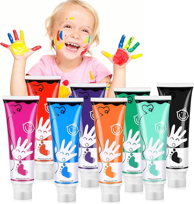 Washable Finger Paint for Toddlers, 8 Colors Large Capacity (2.54fl Oz) with Sponge Tip, Non-Toxic Baby Safe Paint for Hand and Feet, Art Supplies, Preschool Learning Gifts, Ages 1-3 4 5 6+