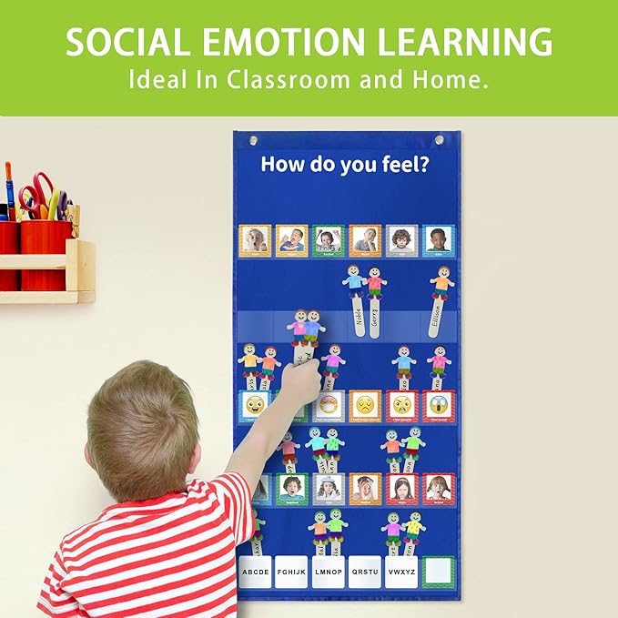 Boczif Emotions Feelings Pocket Chart for Classroom Chart with 24 Cards for Preschool Teacher,Daycare Decor, Social Emotional Learning Activities, Calm Down Corner Supplies (Blue)