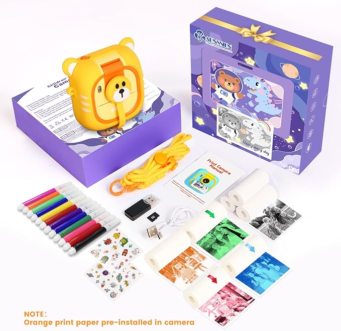Kids Camera Instant Print, 7 Print Paper (4 Color: O/R/G/B+3 B&W), 2.4" Screen Instant Camera for Kids Ages 3-12,1080P, 180°Flip Lens,32GB Card- Christmas Birthday Present for Boys & Girls,M2