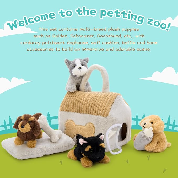 Muiteiur 8-Piece Dog House Plush Set, 9.8 Inch Plush Dog House Set with 4 Puppies, Magic Gate, Bottle, Bed Pad & Bone, Interactive Pet Toy for Kids